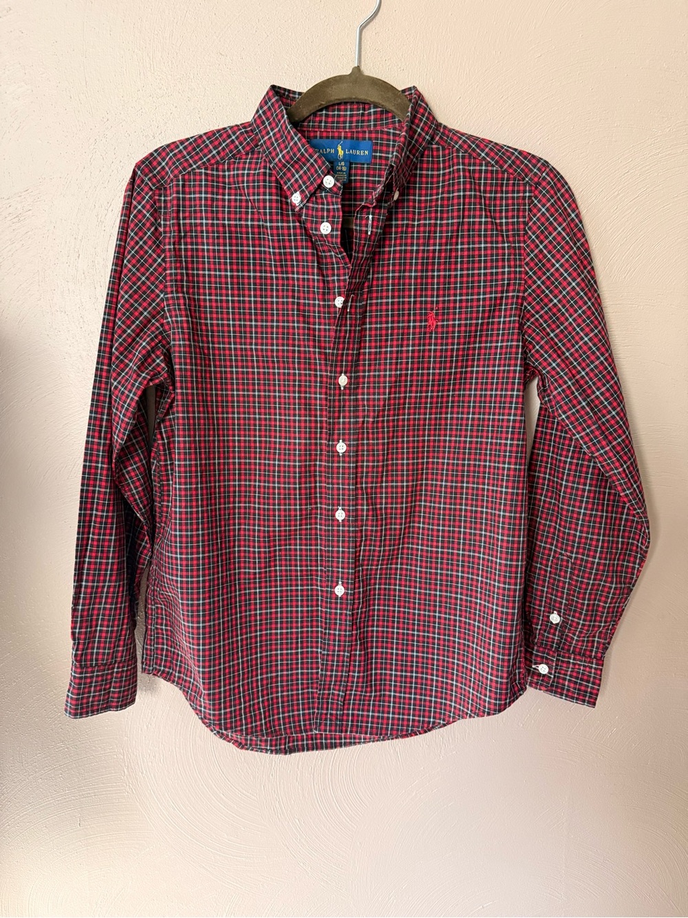 Ralph Lauren Polo Boys Red & Green Plaid Button-Down Shirt Size L 14-16